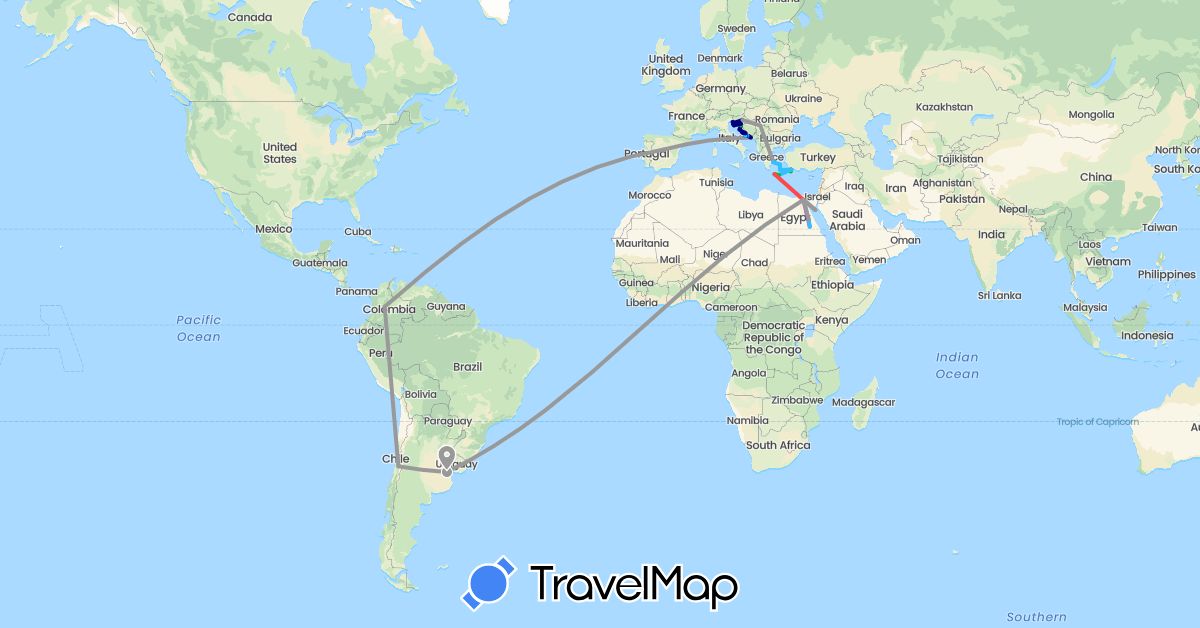 TravelMap itinerary: driving, bus, plane, train, hiking, boat, hitchhiking, electric vehicle in Argentina, Chile, Colombia, Egypt, Spain, Greece, Croatia, Serbia (Africa, Europe, South America)